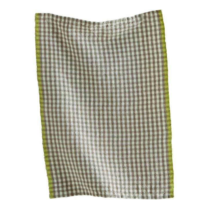 A gray check tea towel on a white background. 