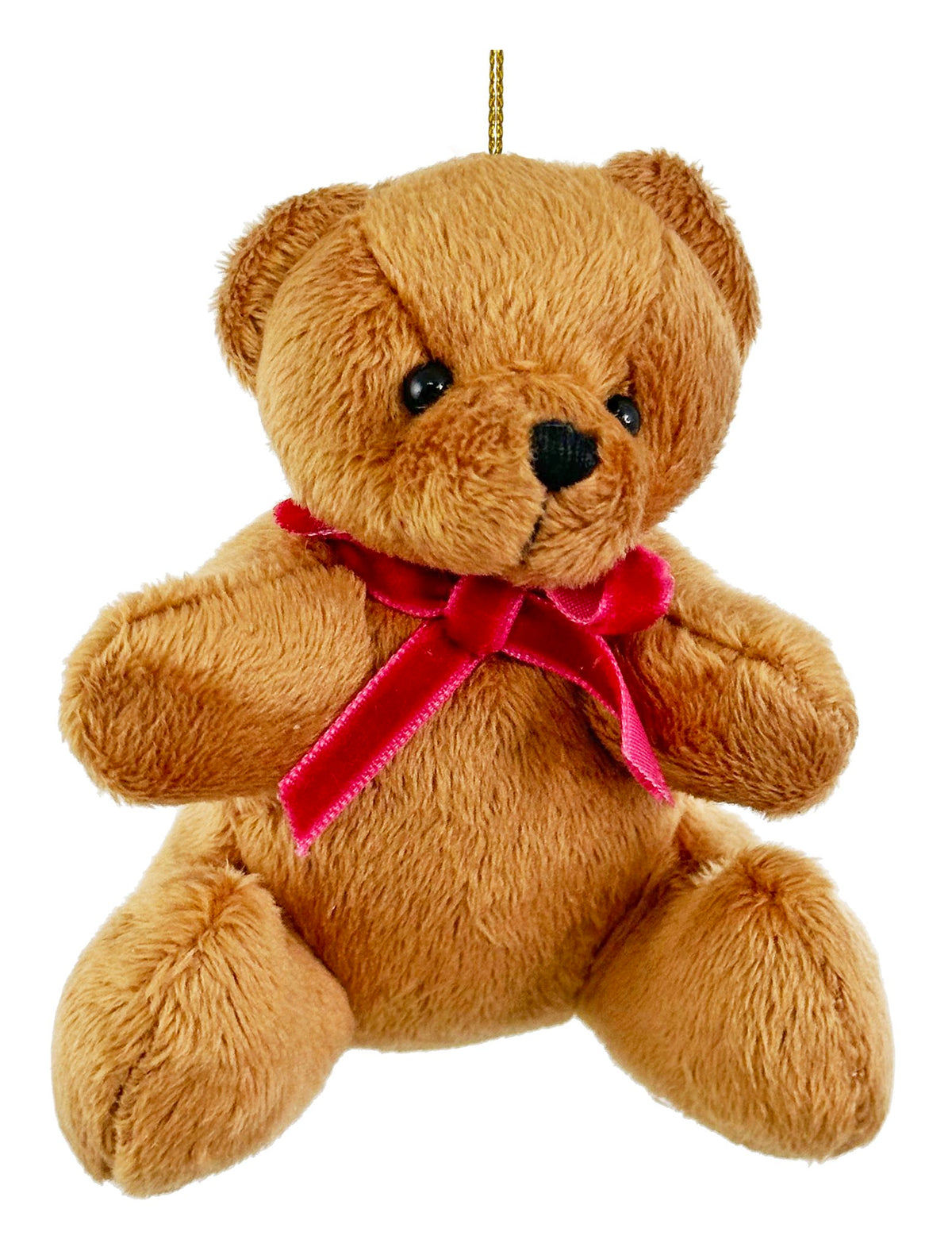 Brown teddy bear with a red bow tie on a white background