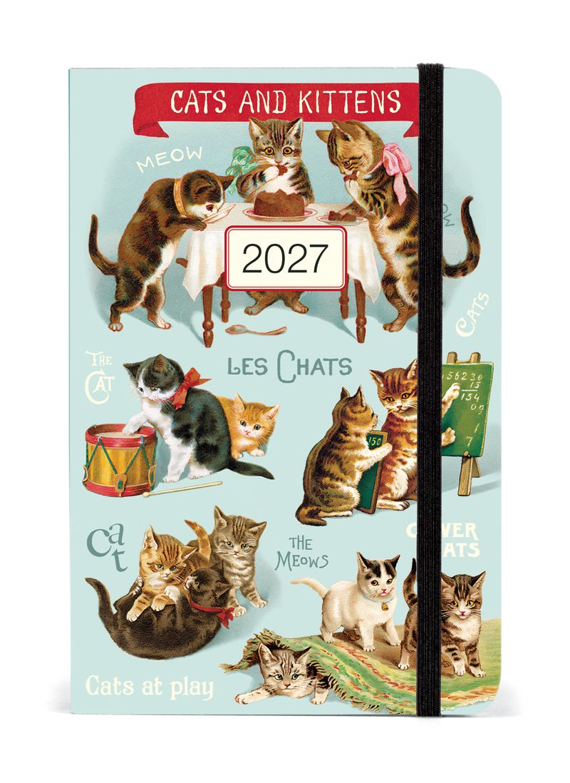 2027 calendar with vintage-style cat illustrations on a light blue background
