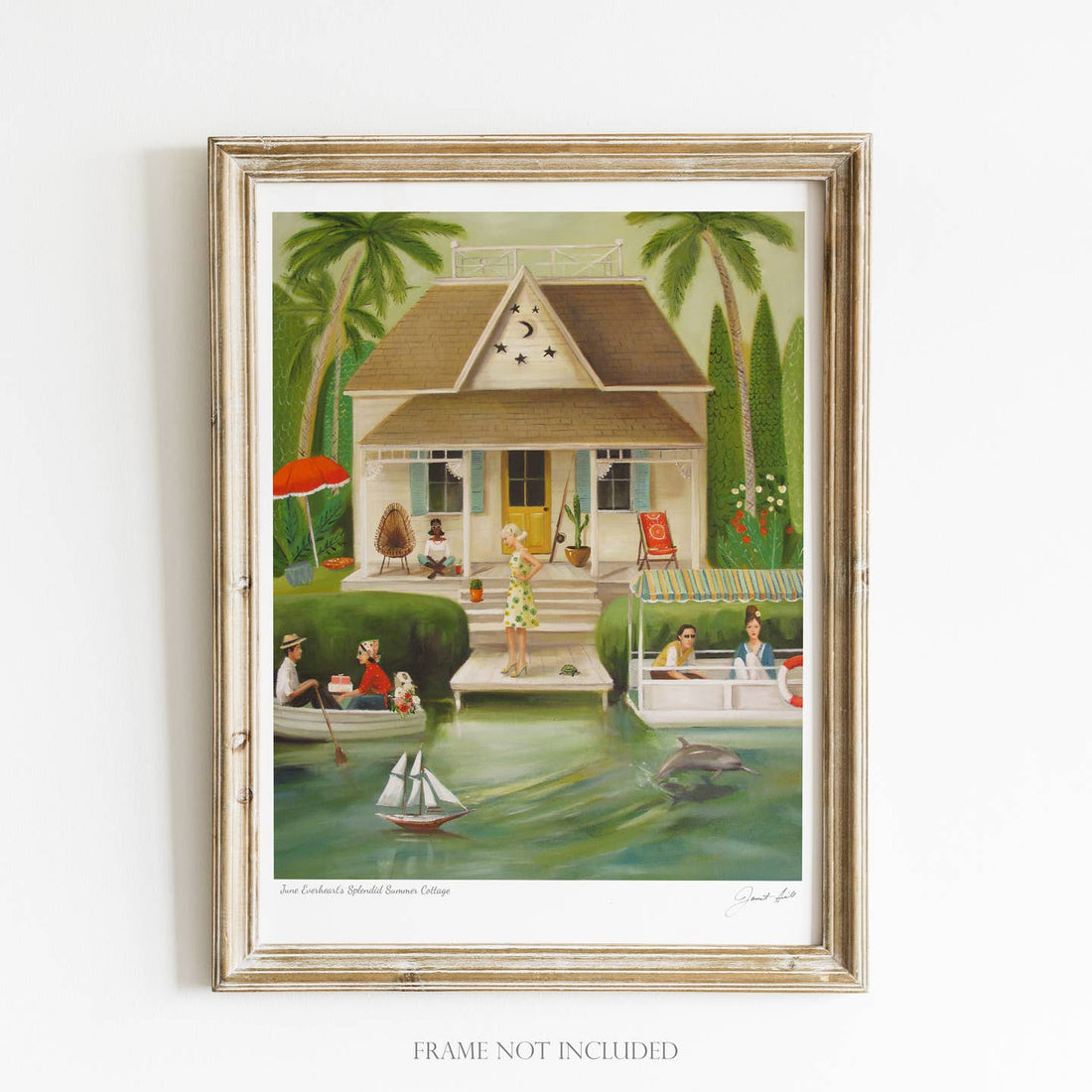 Artwork by Janet Hill depicting a house with a group of people outside in boats.