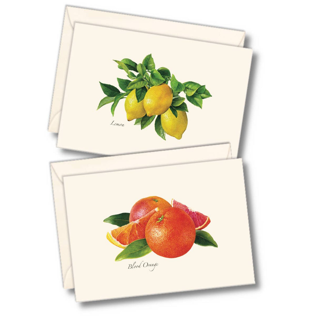 2 greeting cards, one with a group of 3 lemons on a branch, the other with 2 whole blood oranges and 2 quarter cuts of blood oranges.