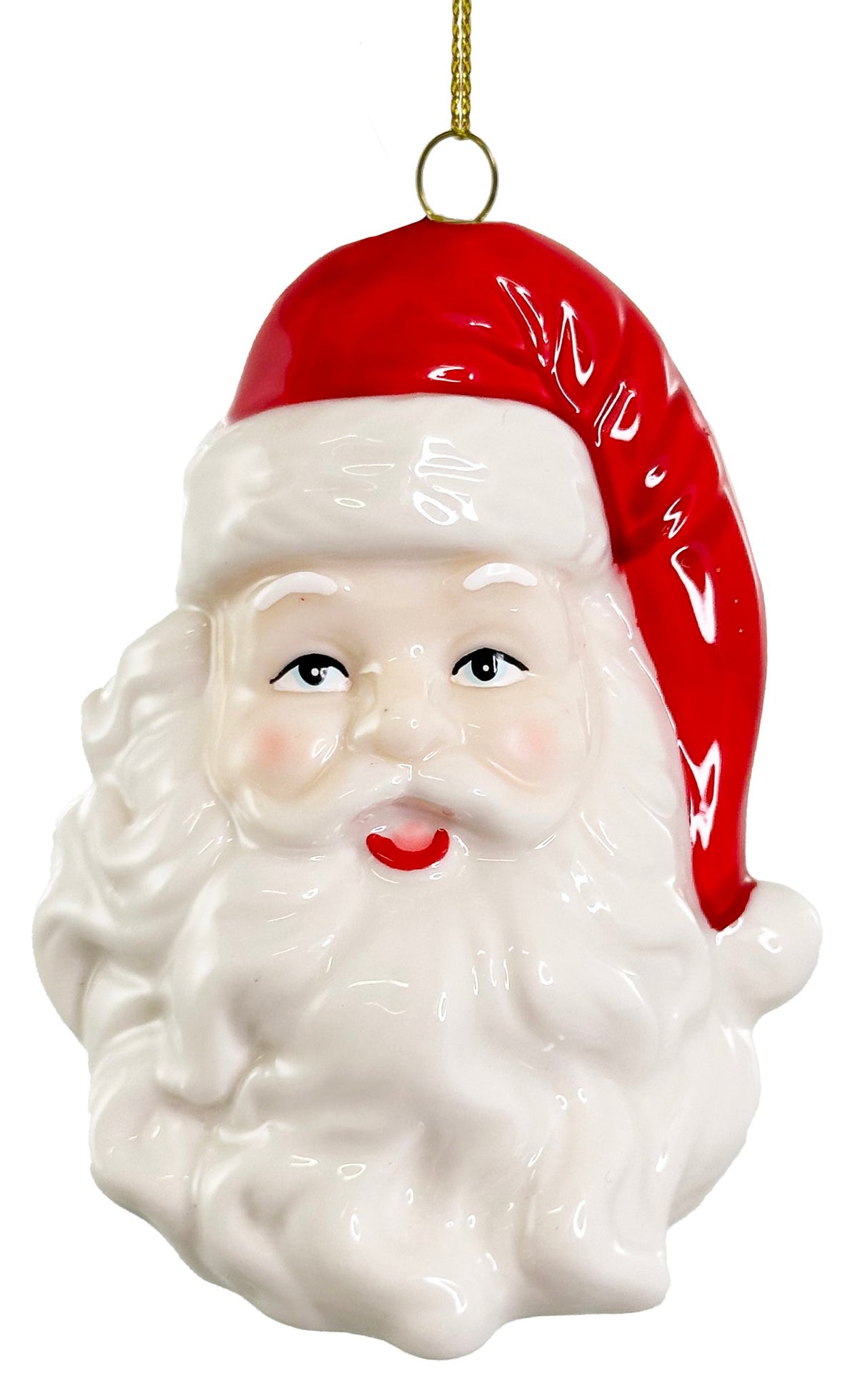 Decorative Santa Claus head ornament with a red hat on a white background.