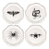 Four white plates with black illustrations of a moth, snake, spider, and bat on a white background.