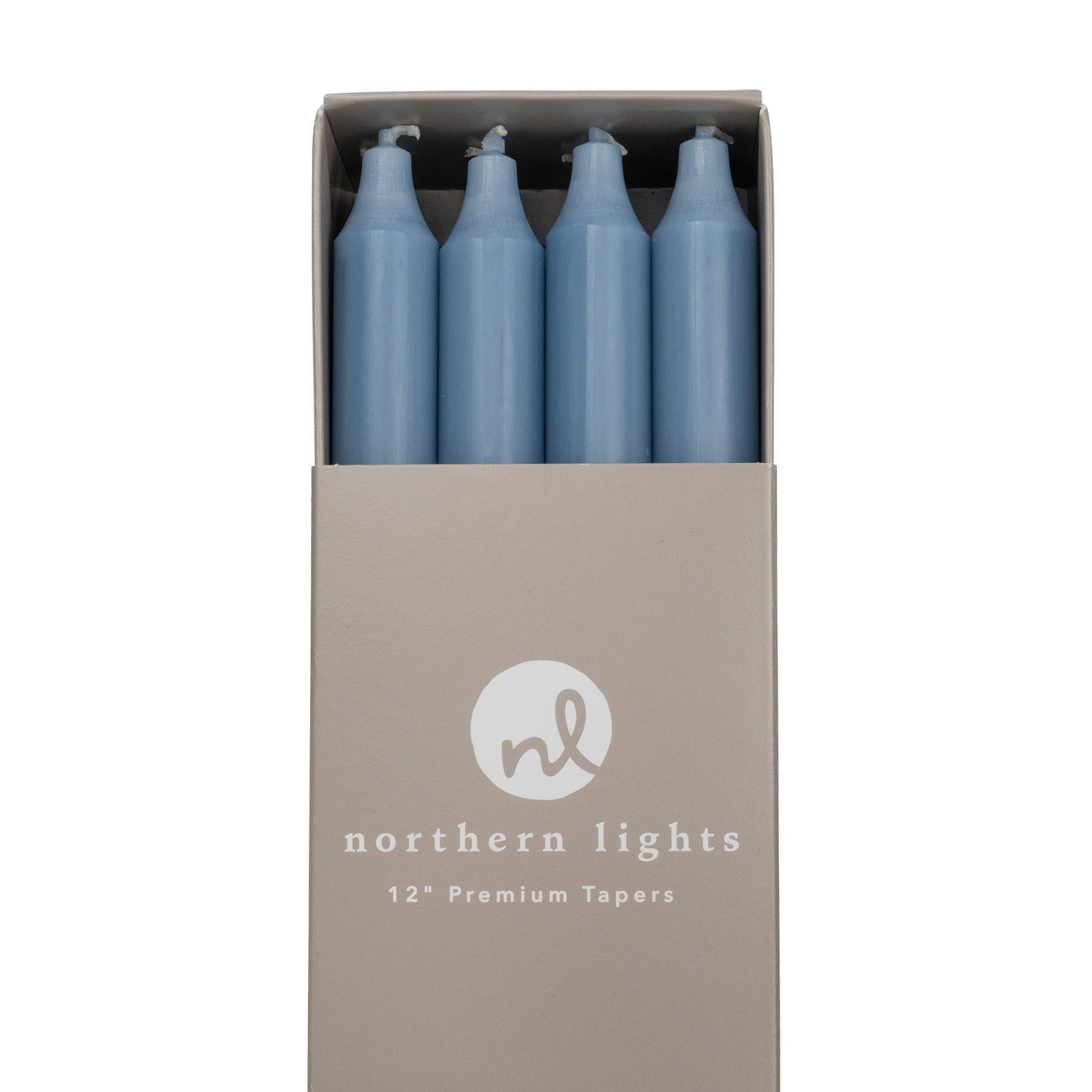 Box of Northern Lights Prairie Blue 12&quot; premium taper candles.