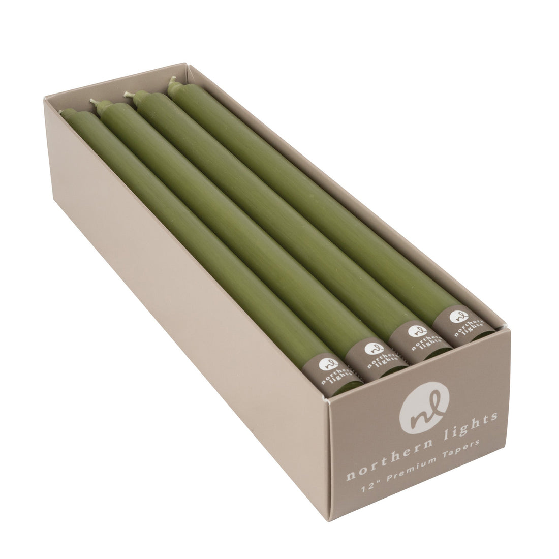 A box of Northern Lights Moss Green 12&quot; premium dripless taper candles.
