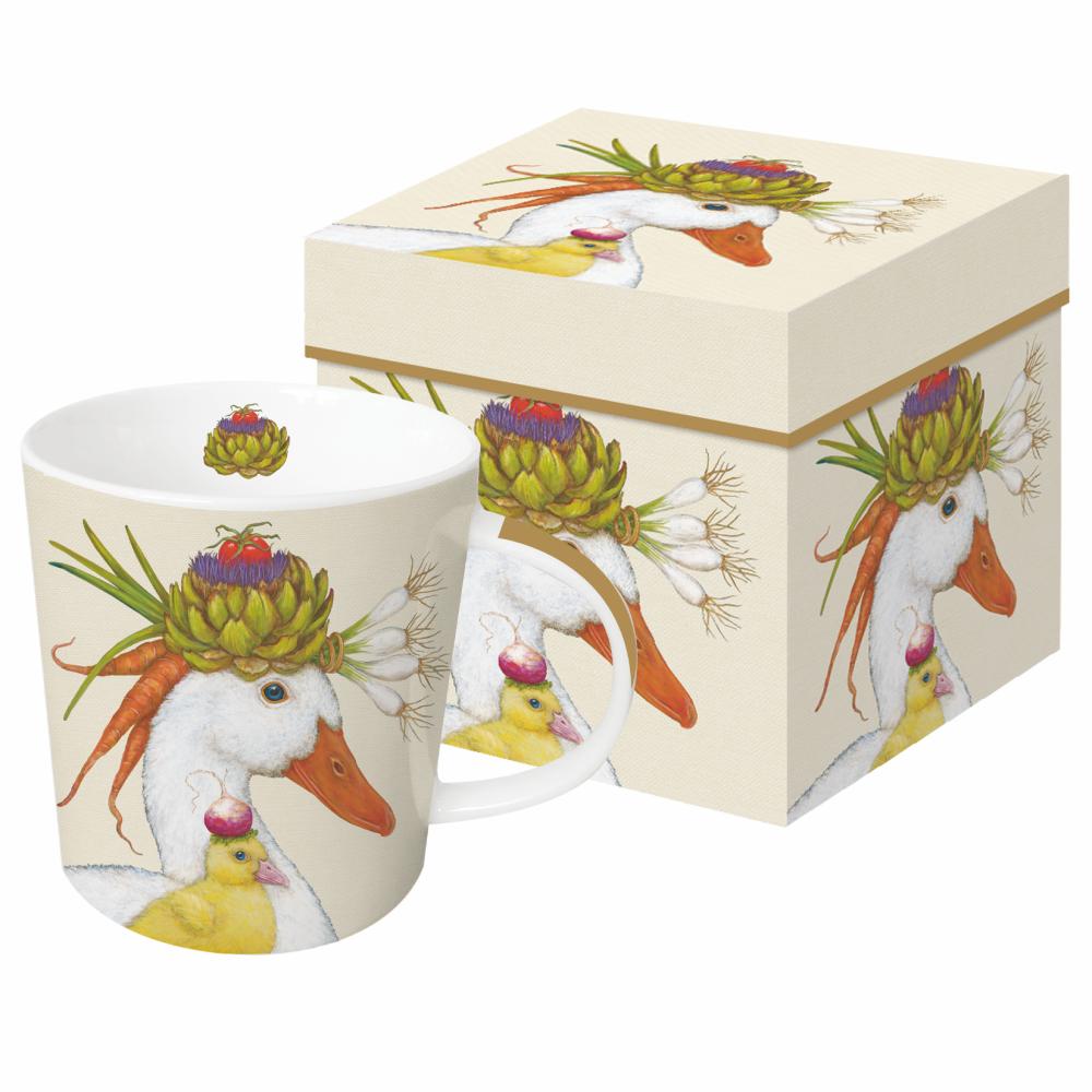 Mug and gift box with artwork by Vicki Sawyer featuring a duck and a baby chick with vegetables on their heads. 