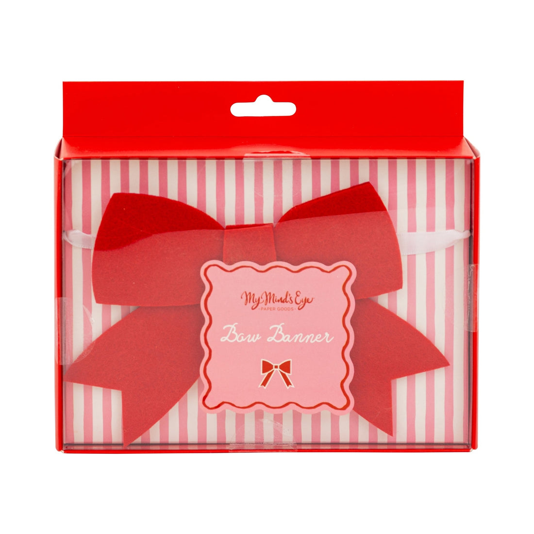 Red bow banner in a clear box with a red lid on a white background.