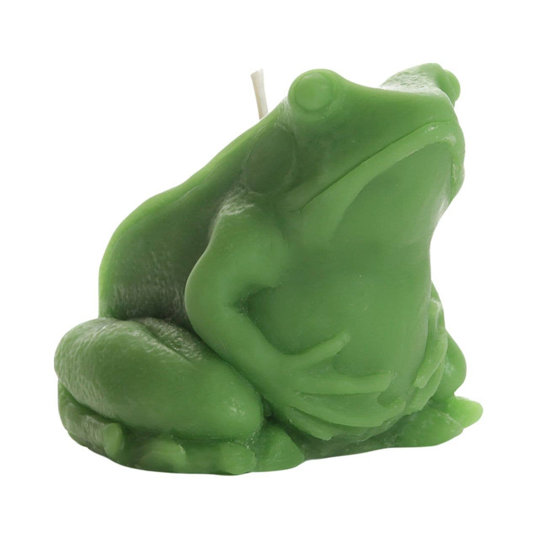 A medium green beeswax candle in the shape of a realistic frog holding its belly.