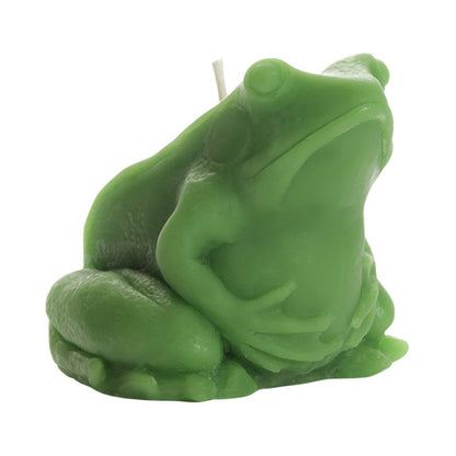 A medium green beeswax candle in the shape of a realistic frog holding its belly.