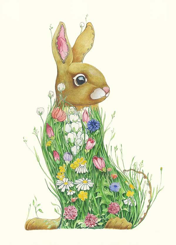 Illustration of a rabbit surrounded by flowers and grass on a white background.