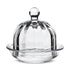 Clear glass butter dish with a lid on a white background.