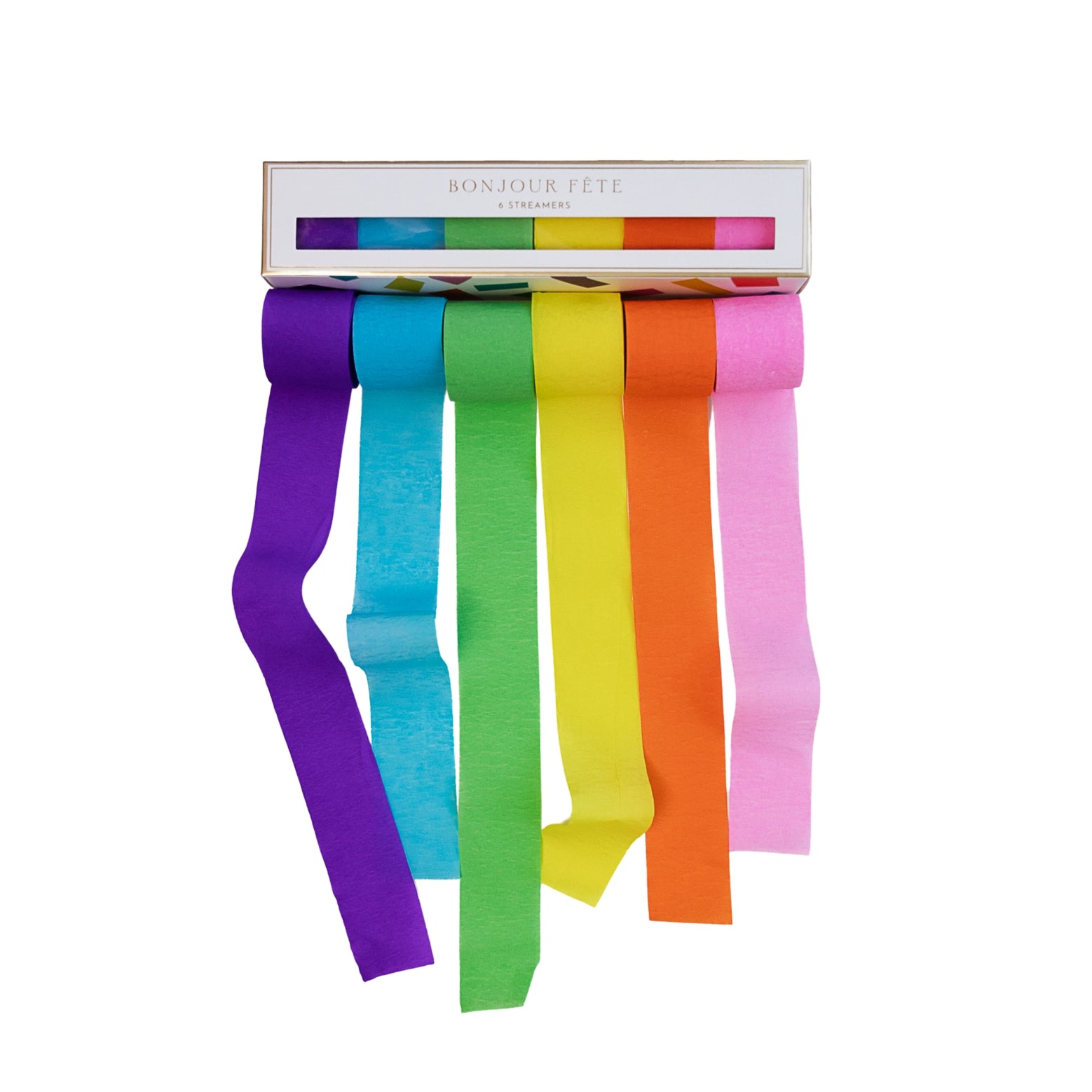 Set of colorful crepe paper streamers with a branded box on a white background.