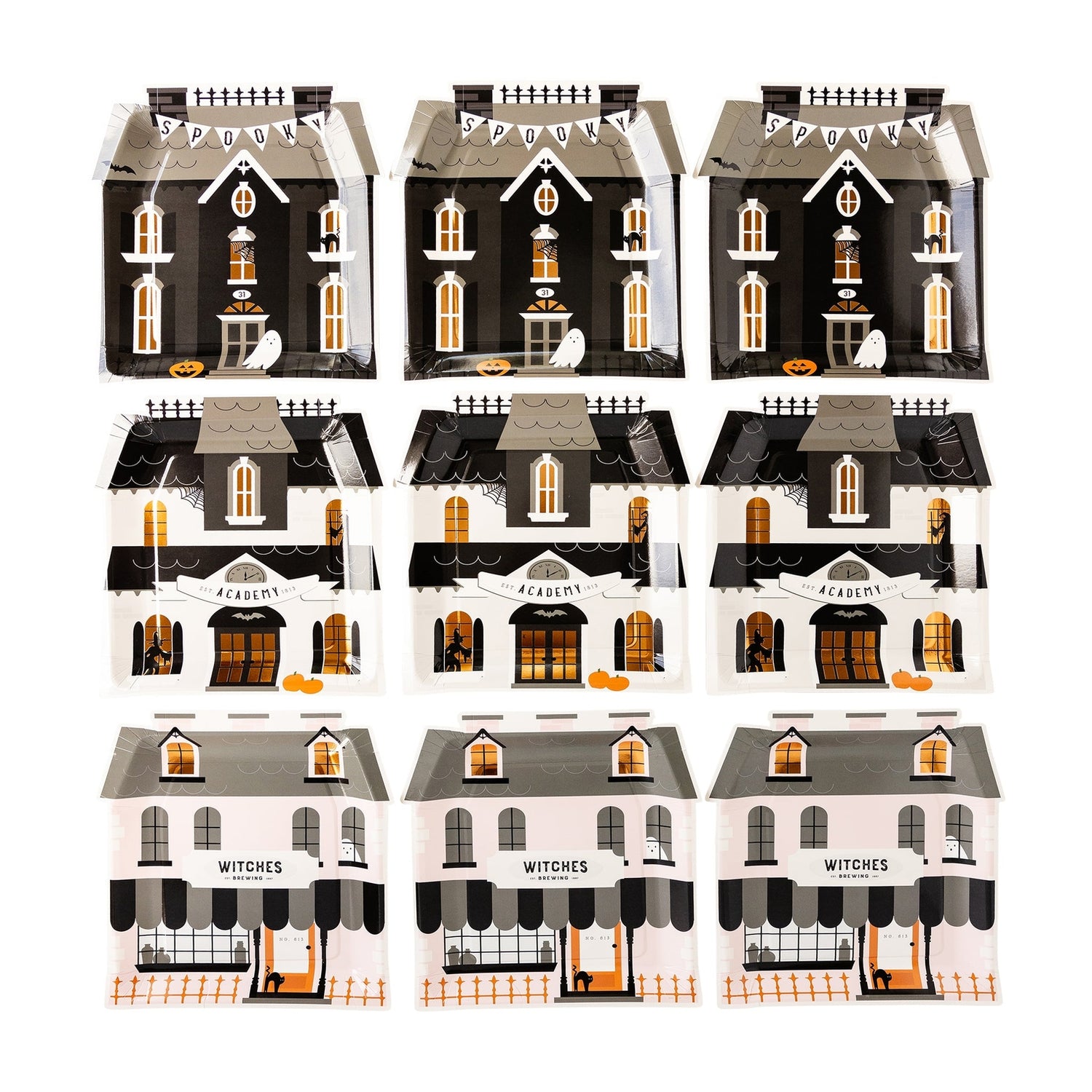 Nine Halloween party plates featuring a spooky haunted house design with &