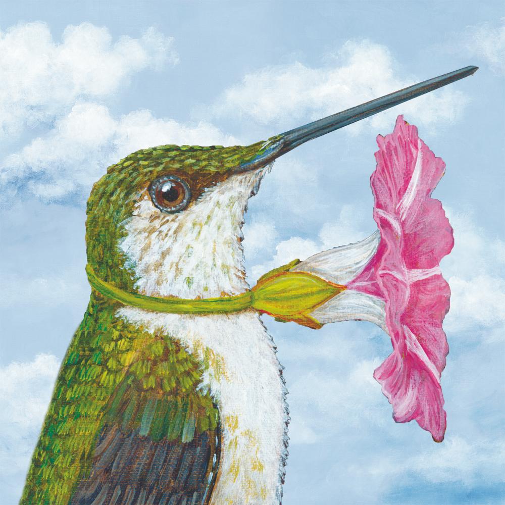 Illustration of a hummingbird with a pink flower in its beak against a cloudy sky background.
