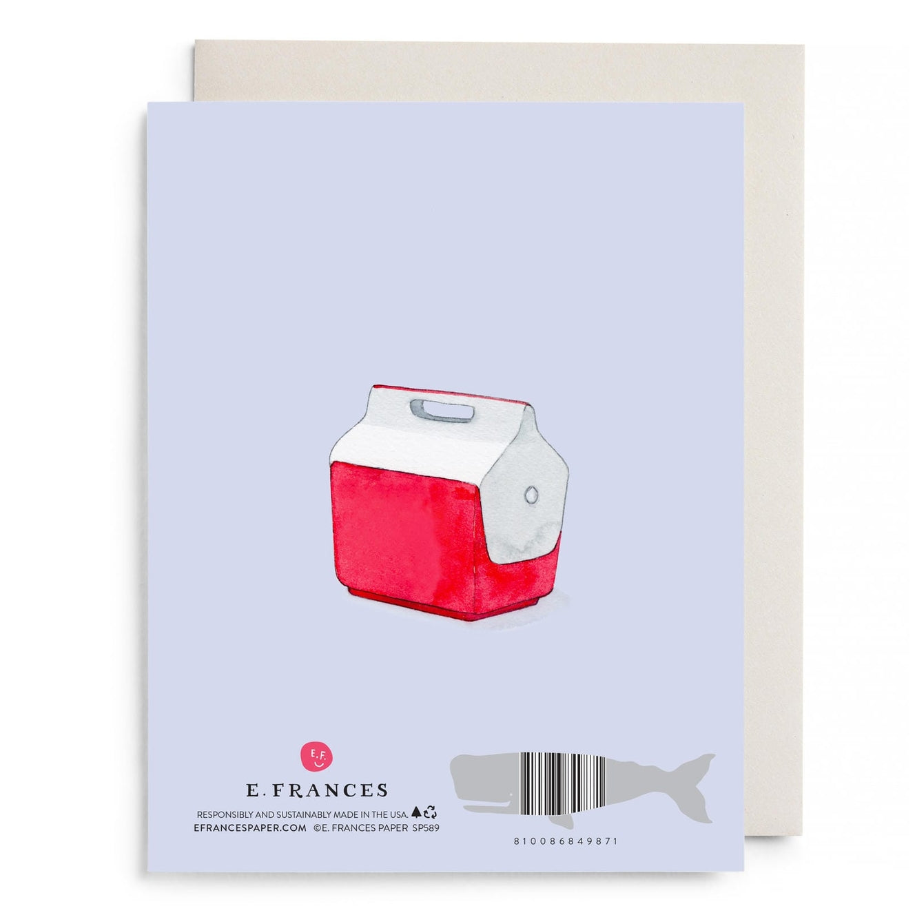 Greeting card with a red and white illustration of a cooler on a light purple background, featuring the brand &