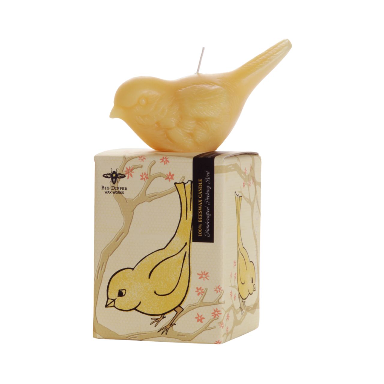 A Beeswax Songbirds Candle made by Big Dipper Wax Works, featuring a bird design.