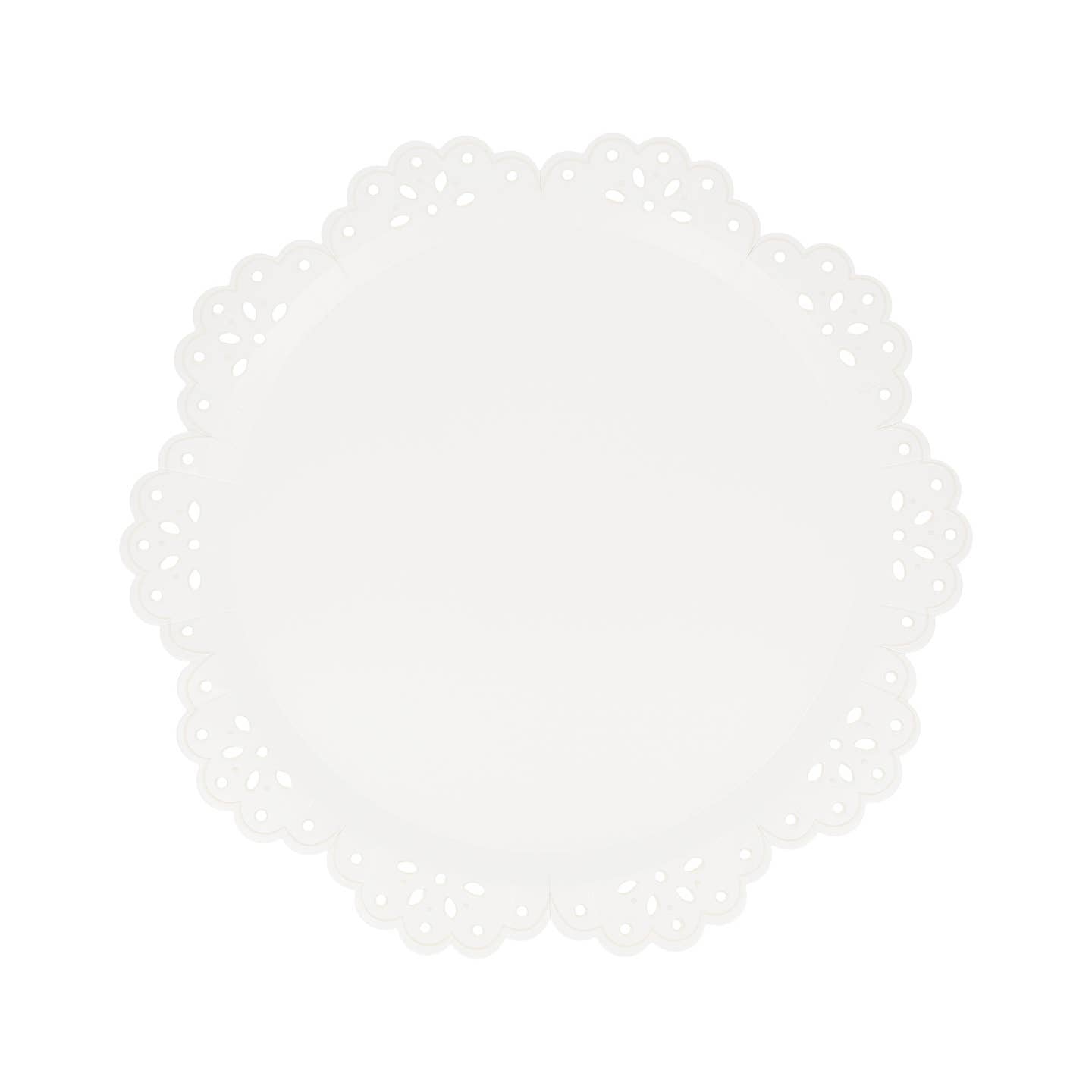 White lace doily paper plate on a white background