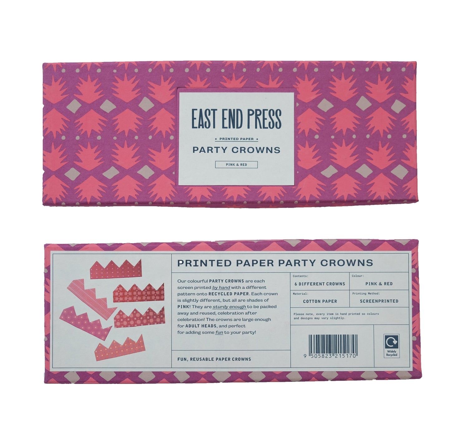 Packaging of East End Press printed paper party crowns with pink and purple design.