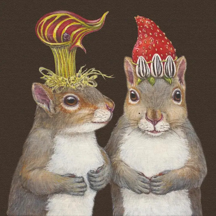 Two squirrels wearing colorful hats on a brown background