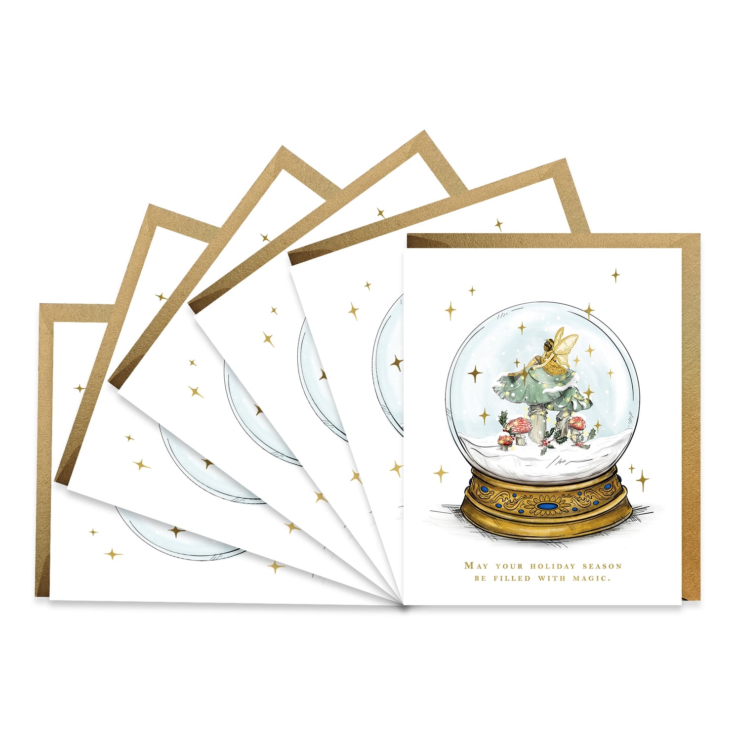 Group of 6 Fairy Snow Globe Cards fanned out.