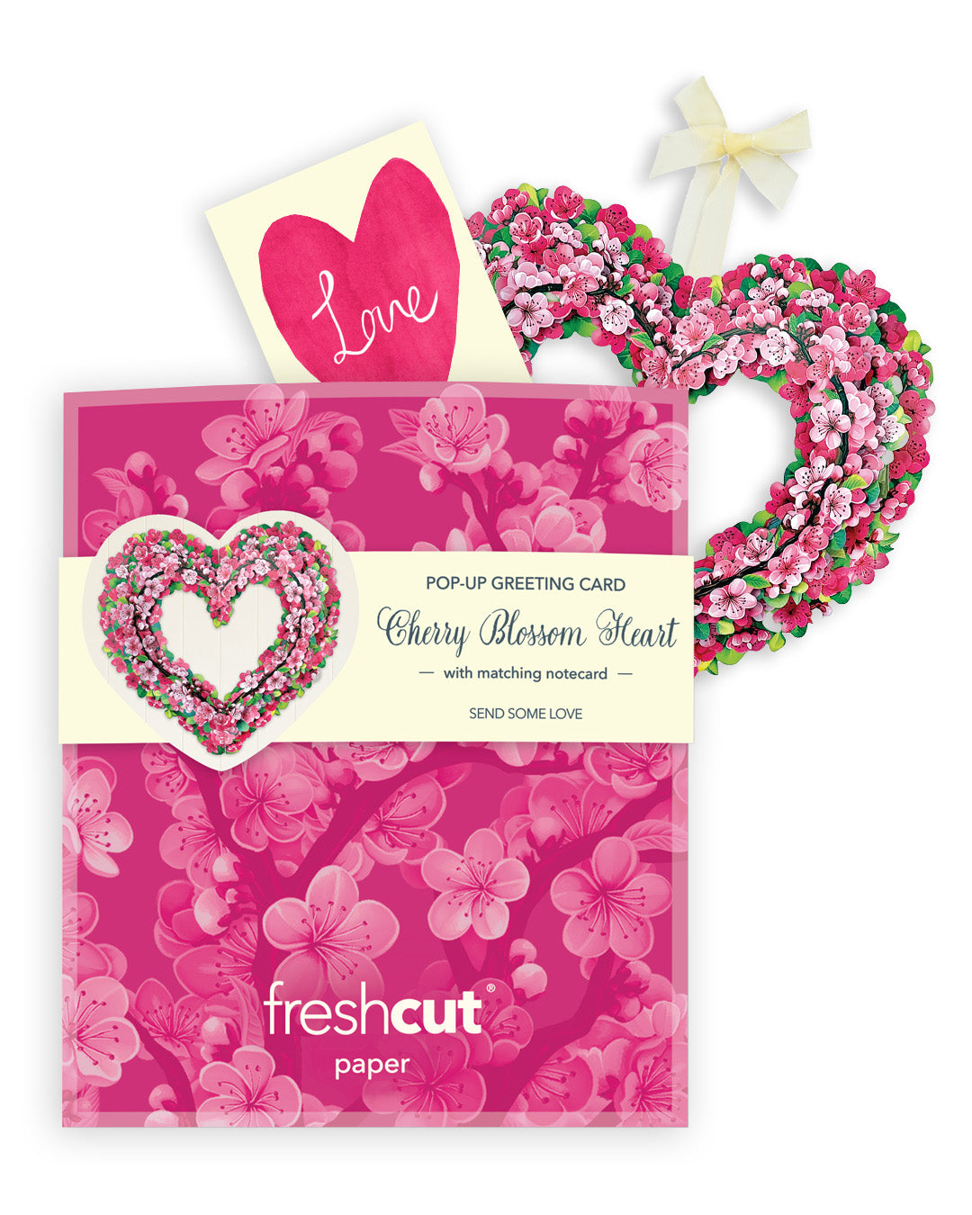 Floral pop-up greeting card with cherry blossom design and matching envelope on a white background.
