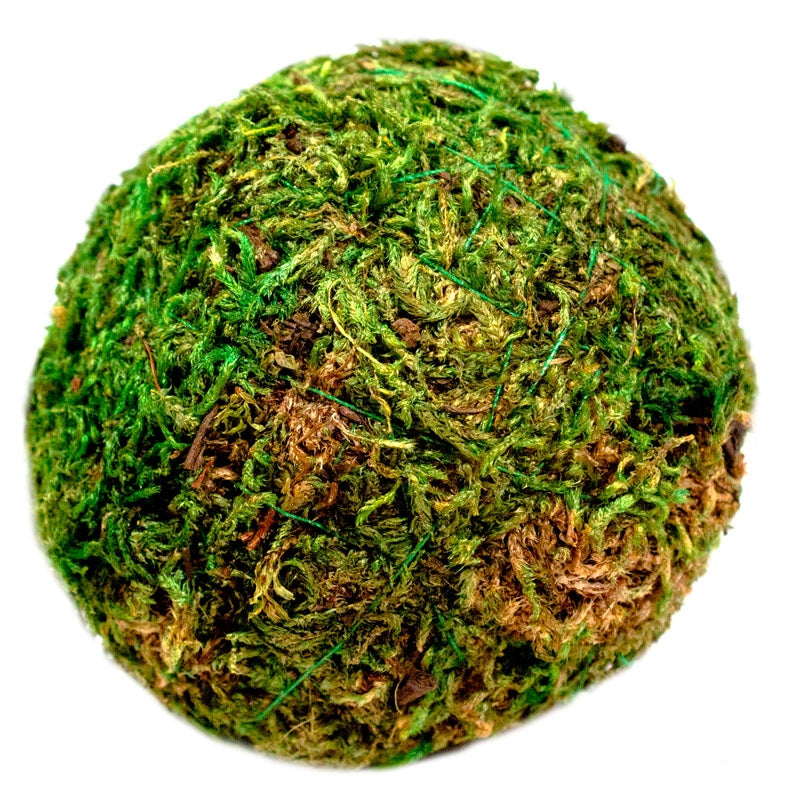 A round, green artificial moss ball used for landscaping.