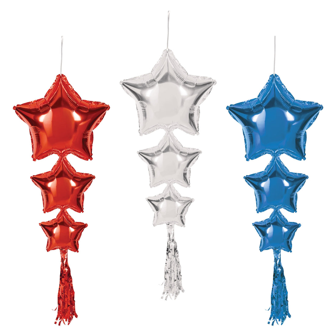 Set of red, silver, and blue star-shaped balloons with tassels on a white background.