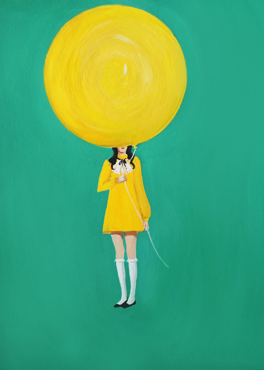 Janet Hill artwork featuring a girl wearing a yellow dress holding a large yellow balloon. 
