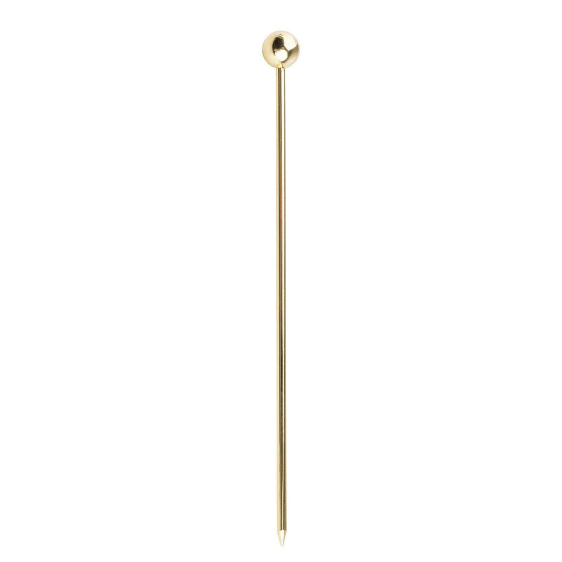 Gold cocktail pick with a round head on a white background.