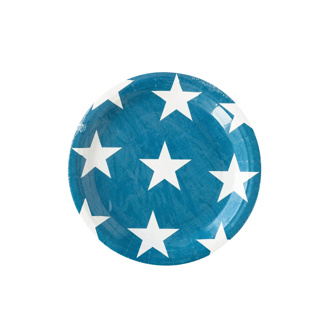 9&quot; Round, blue paper plate with white stars on a white background