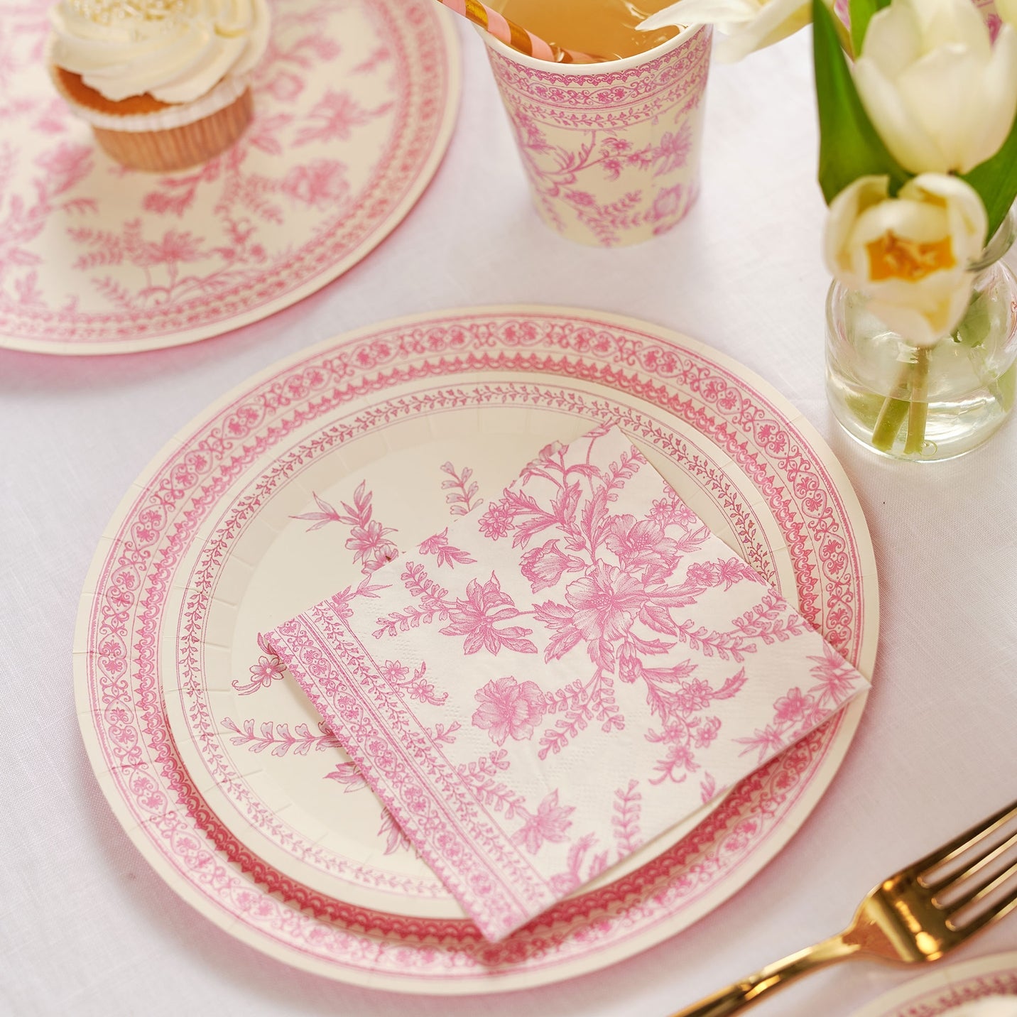 Pink French Toile Paper Party Dinnerware