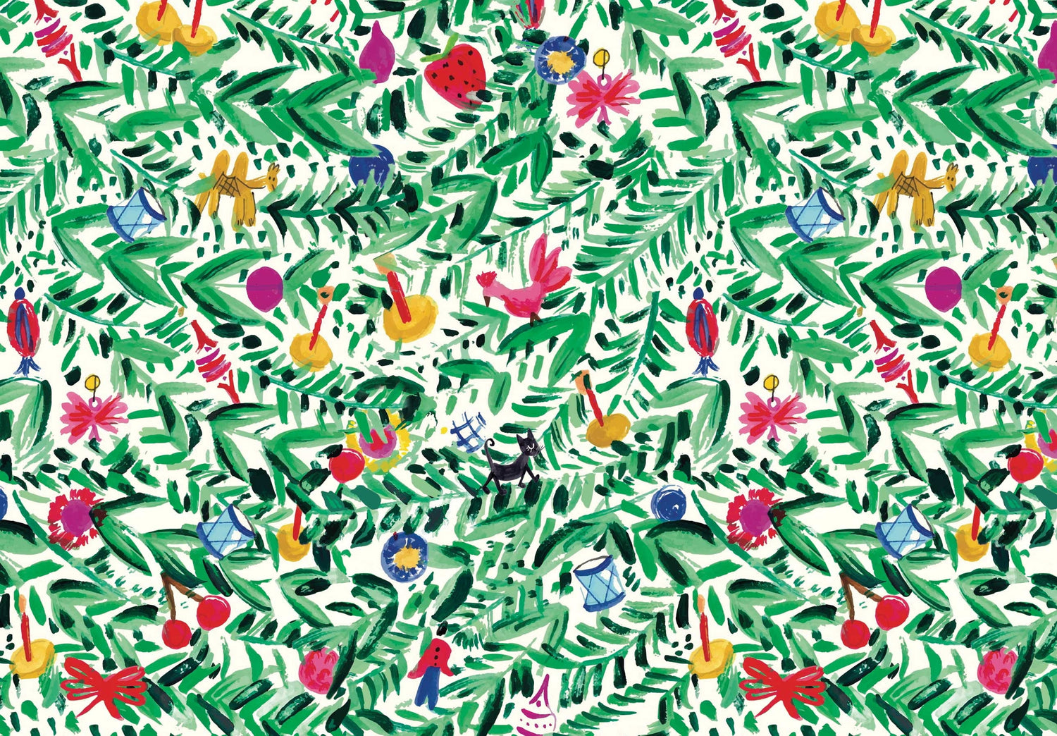 Colorful pattern of leaves, flowers, and small figures on a white background.