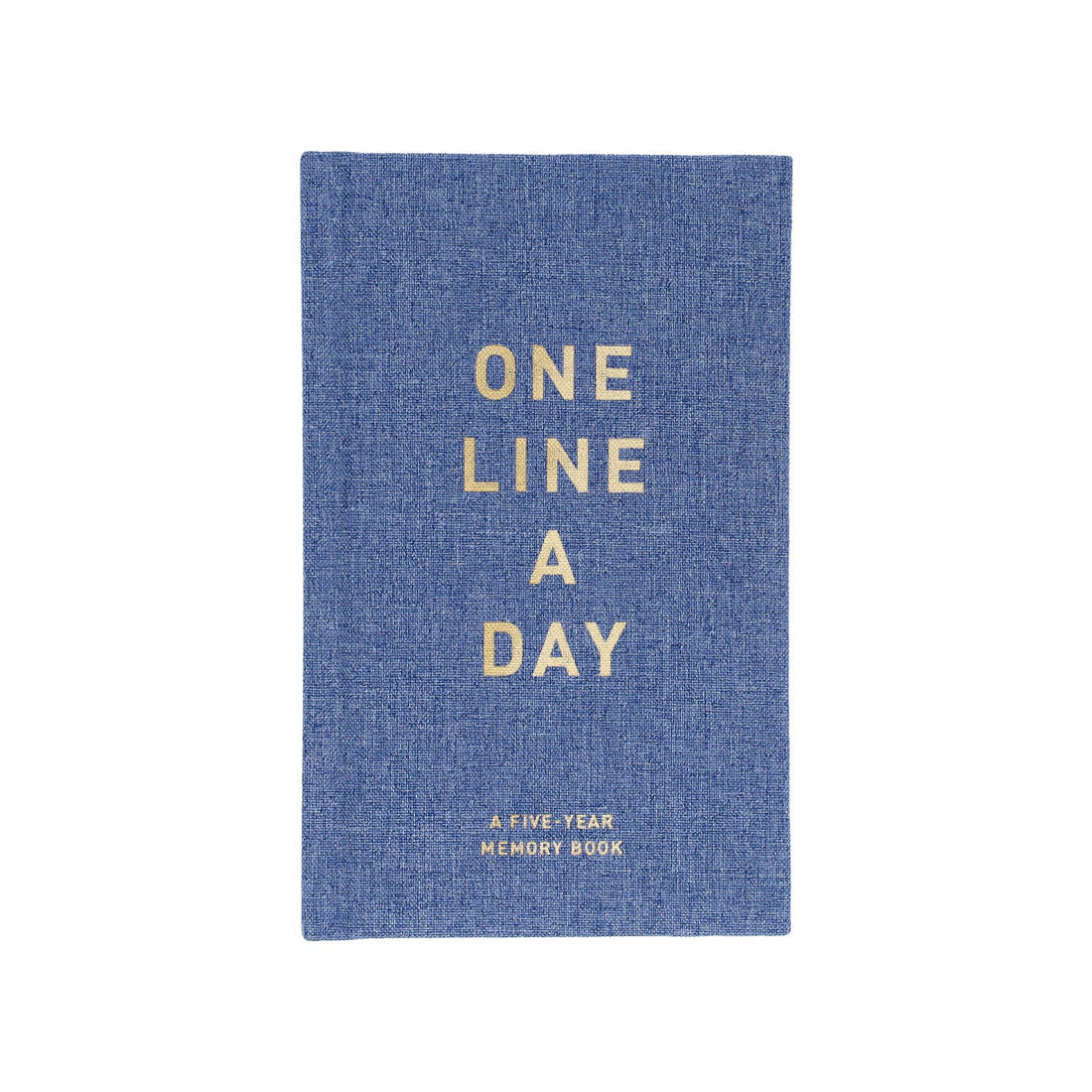 Book with blue denim cover and gilded letters saying "One Line a Day"- a five year memory book. 
