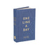 Book with blue denim cover and gilded letters saying "One Line a Day"- a five year memory book. 