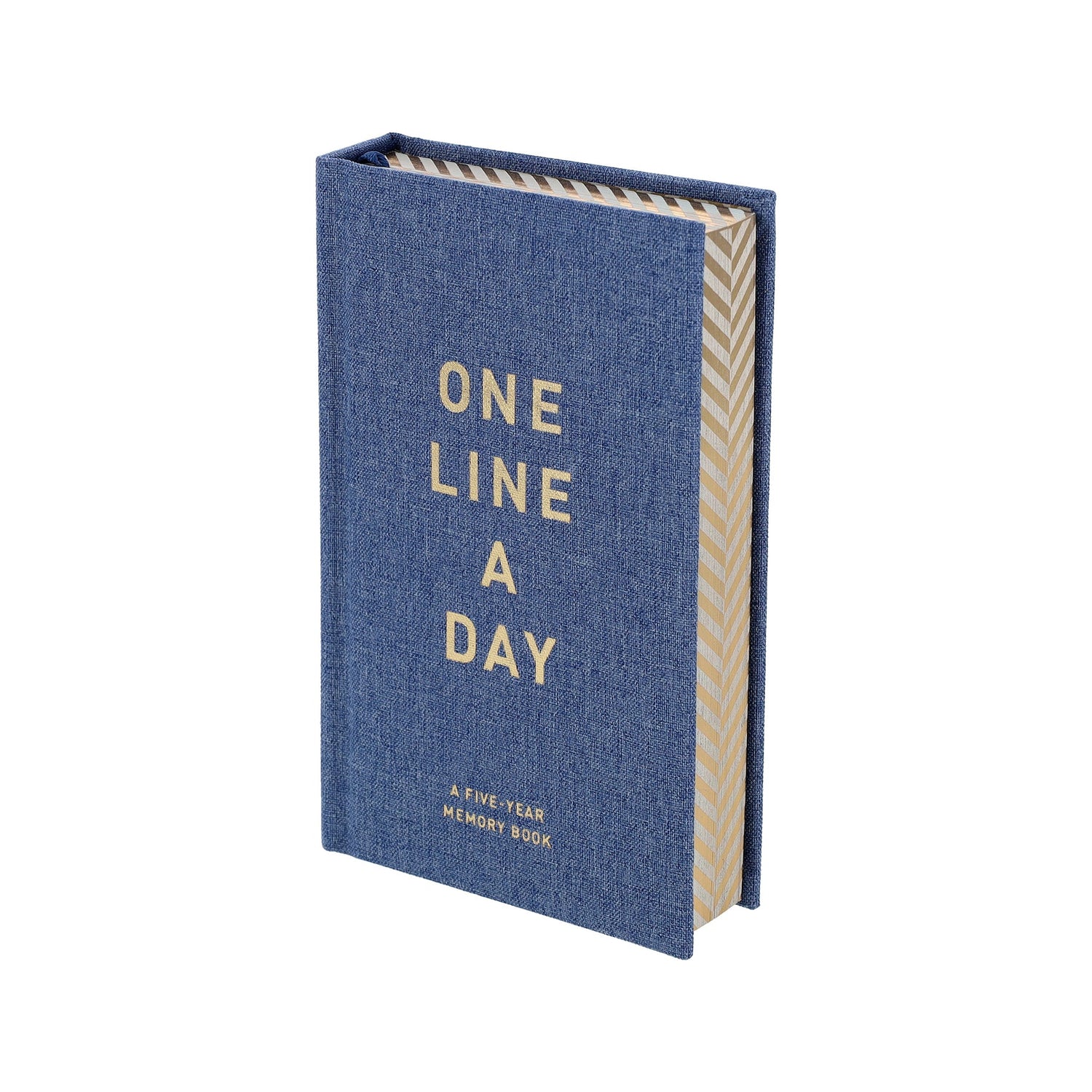 Book with blue denim cover and gilded letters saying &quot;One Line a Day&quot;- a five year memory book. 