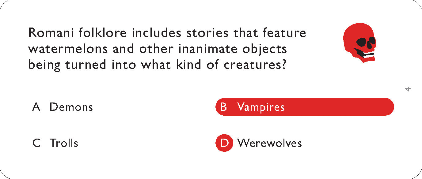 Trivia question about Romani folklore with options A, B, C, and D on a white background.