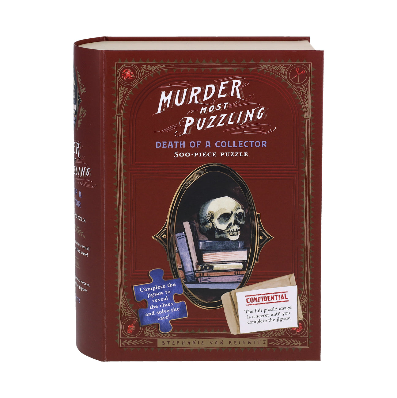 Red book-shaped puzzle box with skull and books illustration on a white background