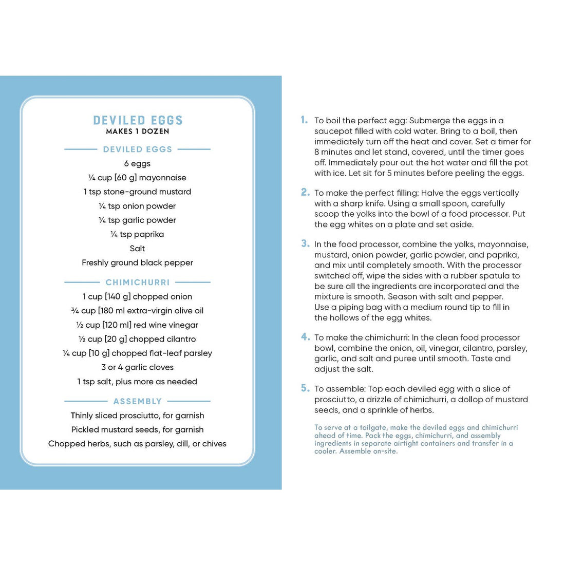 Recipe card for deviled eggs with text and ingredients listed on a white background.