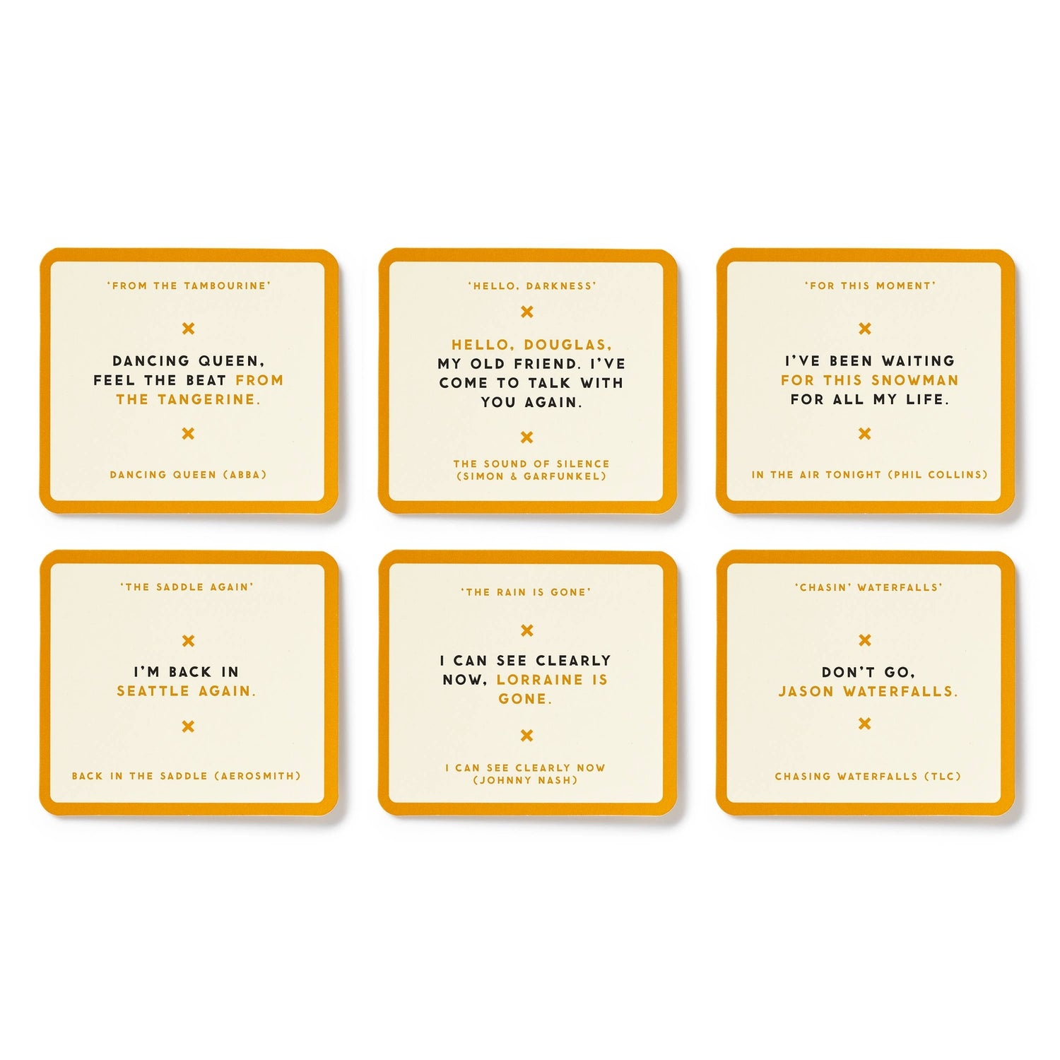 Set of six game cards with humorous text on a white background. 