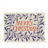 A cream greeting card on a white background featuring red text reading Merry Christmas surrounded by blue foliage.