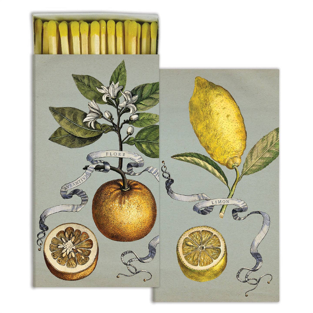 Matches with lemon illustrations on the packaging.