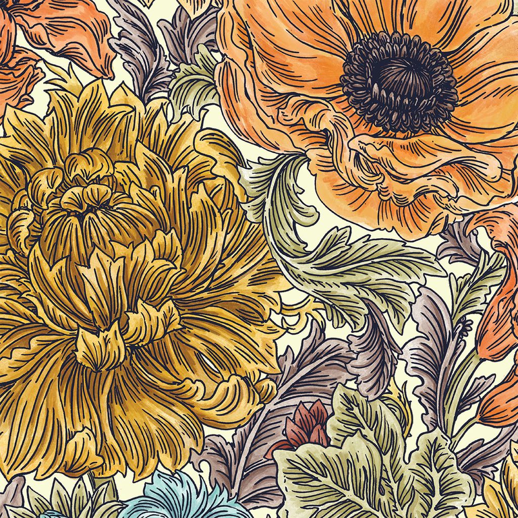 A colorful floral patterned paper napkin with large flowers in orange, yellow, and green.