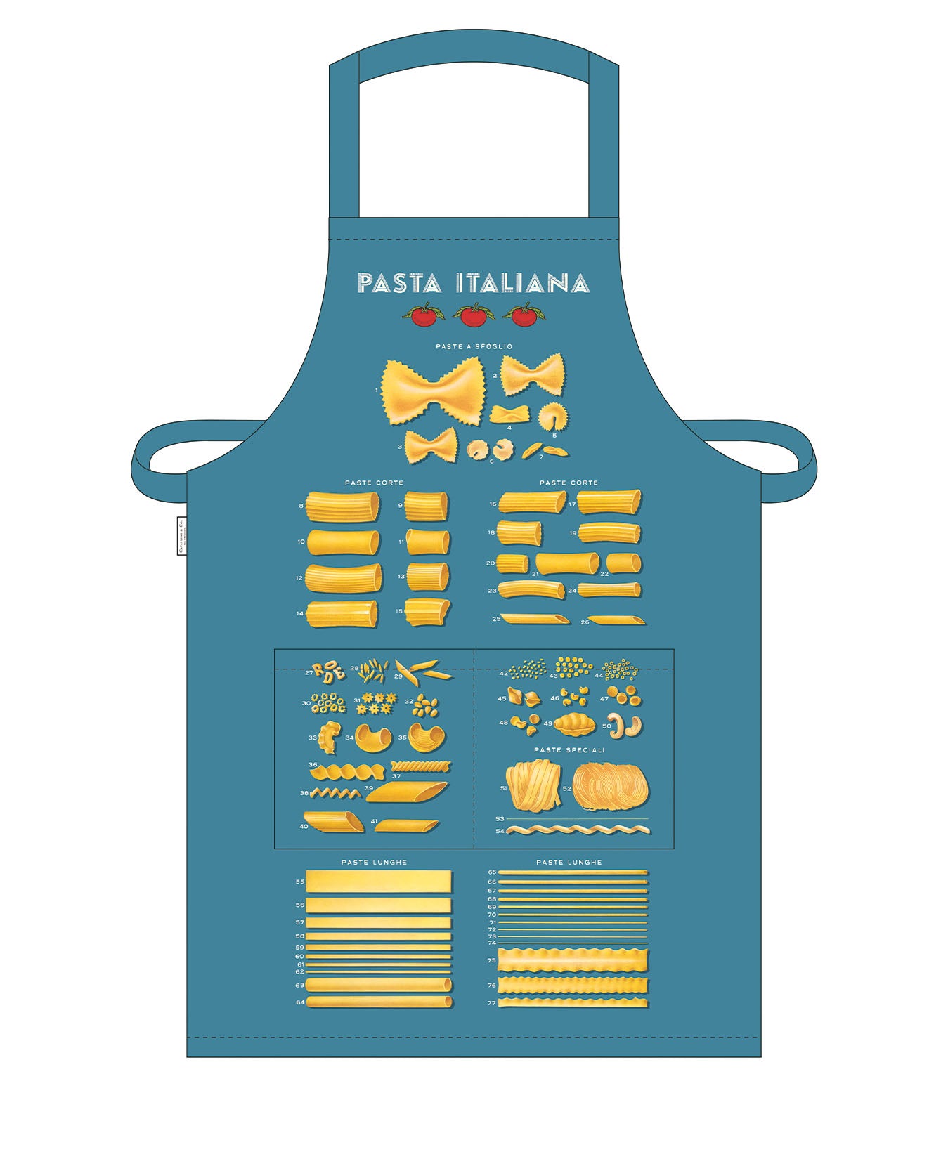 Blue apron with pasta illustrations and &