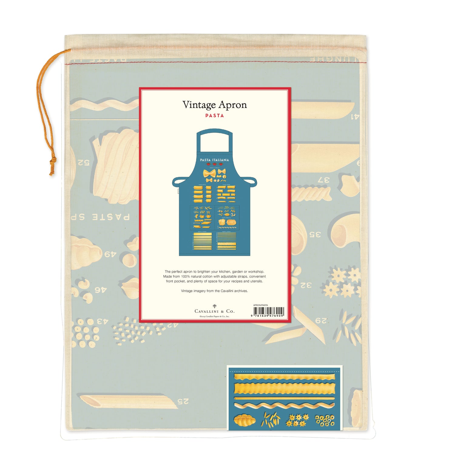Vintage apron packaging  in a muslin drawstring bag with pasta illustrations.