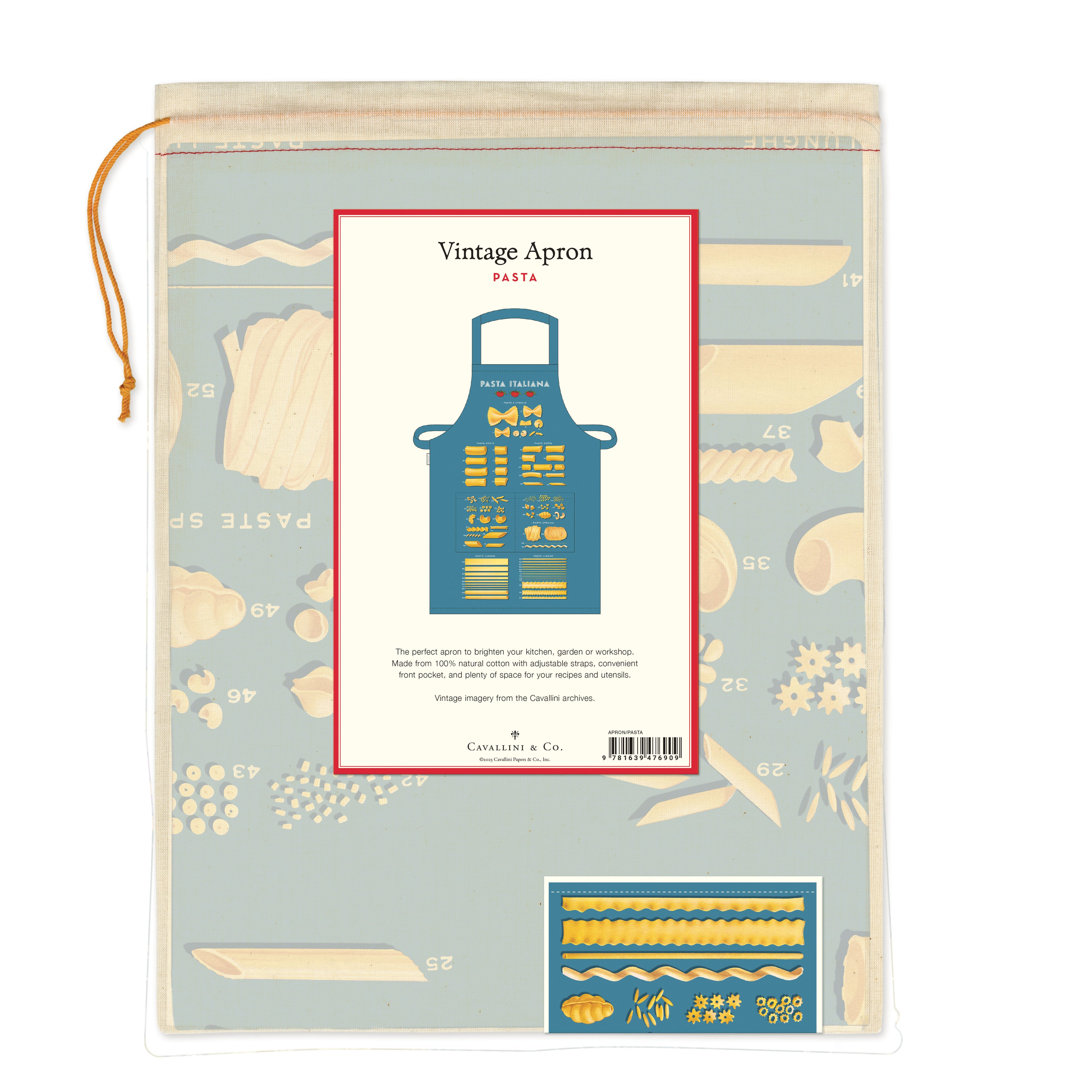 Vintage apron packaging  in a muslin drawstring bag with pasta illustrations.
