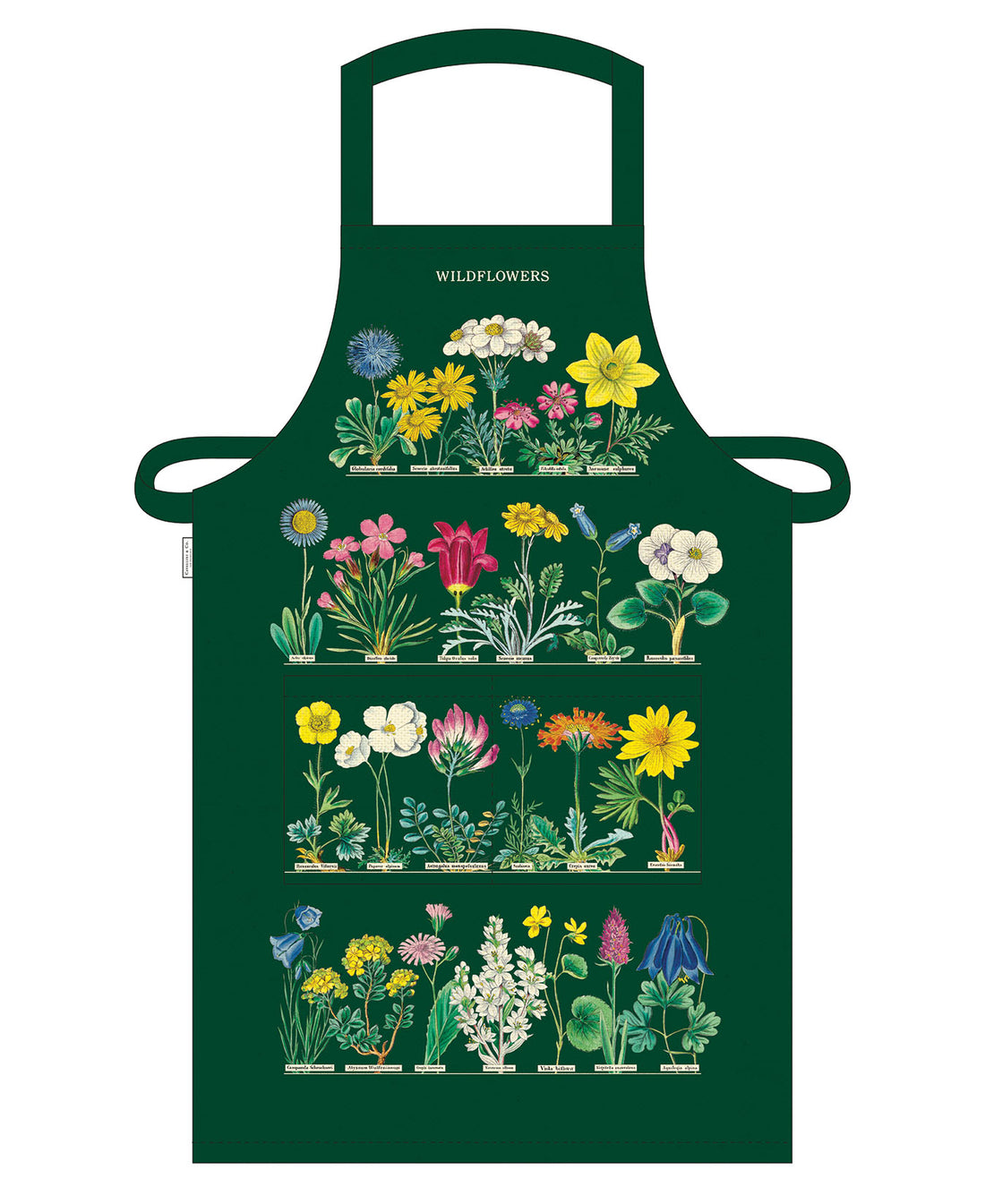 Green apron with floral illustrations on a white background.