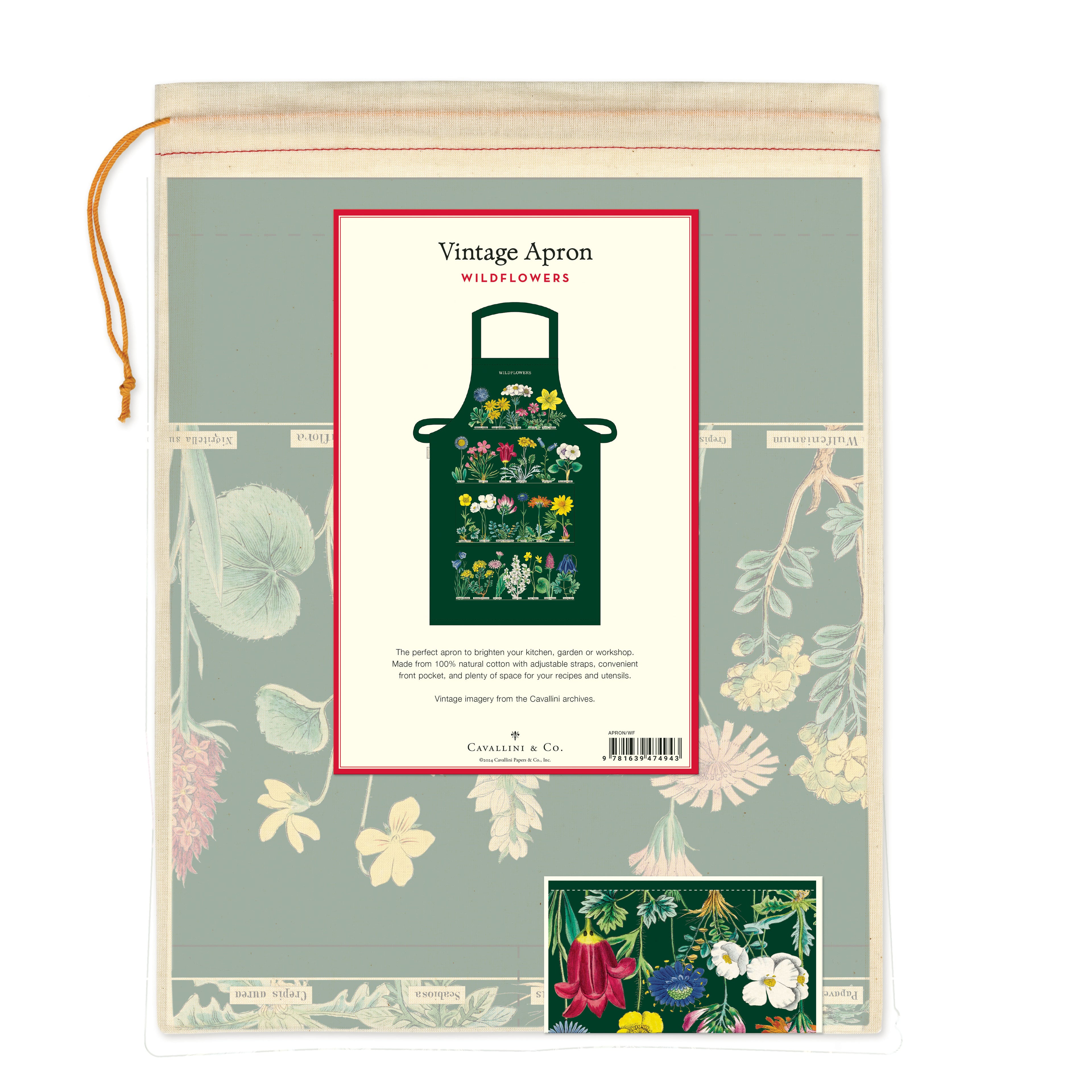 Vintage apron packaging with floral design and product illustration.