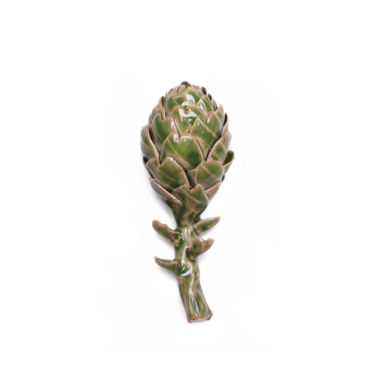 A small ceramic decorative artichoke with green and brown colors on a white background.