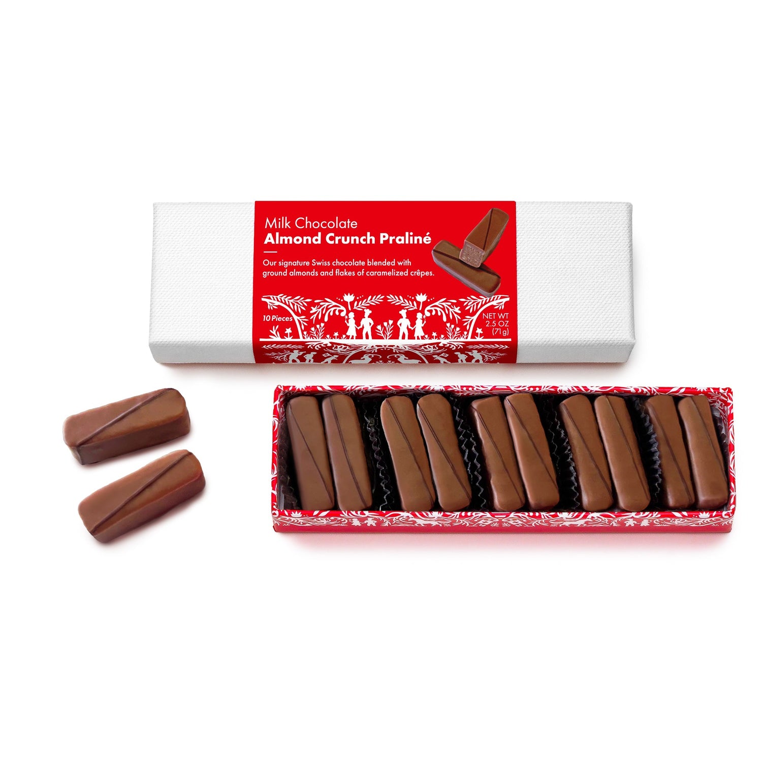 Milk chocolate almond crunch praline bars with packaging on a white background.