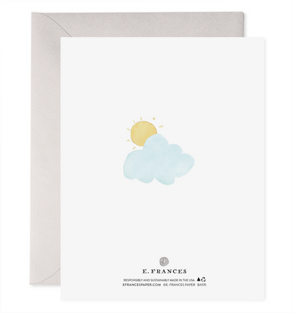 Back of card with illustration of a sun coming out from behind a cloud.